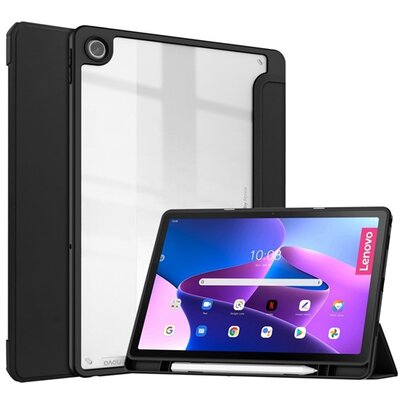 Tablet védőtok álló, bőr hatású (flip, átlátszó hátlap, oldalra nyíló, Trifold asztali tartó funkció, érintőceruza tartó), Fekete [Lenovo Tab M10+ Plus (TB128) LTE, Lenovo Tab M10+ Plus (TB125) WIFI]