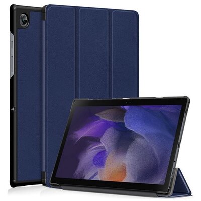 Tablet védőtok álló, bőr hatású (flip, oldalra nyíló, Trifold asztali tartó funkció), Sötétkék [Samsung Galaxy Tab A8 10.5 WIFI (2021) SM-X200, Samsung Galaxy Tab A8 10.5 LTE (2021) SM-X205]