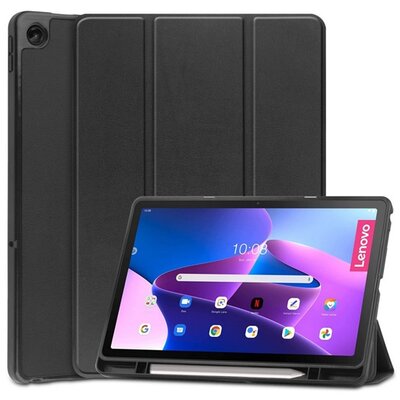Tablet védőtok álló, bőr hatású (aktív flip, oldalra nyíló, Trifold asztali tartó funkció, érintőceruza tartó), Fekete [Lenovo Tab M10+ Plus (TB128) LTE, Lenovo Tab M10+ Plus (TB125) WIFI]
