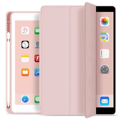 Tablet védőtok álló, bőr hatású (aktív flip, oldalra nyíló, Trifold asztali tartó funkció, Apple Pencil tartó), Rózsaszín [Apple IPAD Air 2020 (Air 4), Apple IPAD Air 2022]