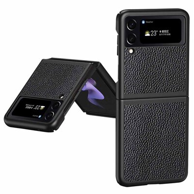 Telefontok álló, bőr hatású (flip, oldalra nyíló, asztali tartó funkció, prémium), Fekete [Samsung Galaxy Z Flip 4 (SM-F721)]