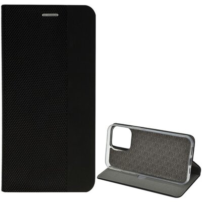 Telefontok álló, bőr hatású (flip, oldalra nyíló, asztali tartó funkció, textil minta), Fekete [Apple iPhone 14 Pro Max]