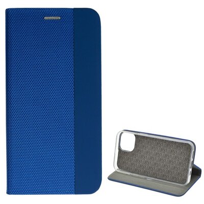 Telefontok álló, bőr hatású (flip, oldalra nyíló, asztali tartó funkció, textil minta), Kék [Apple iPhone 14 Pro]