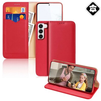 DUX DUCIS HIVO telefontok álló, valódi bőr (flip, oldalra nyíló, asztali tartó funkció, bankkártya tartó, RFID védelem), Piros [Samsung Galaxy S23+ Plus (SM-S916)]