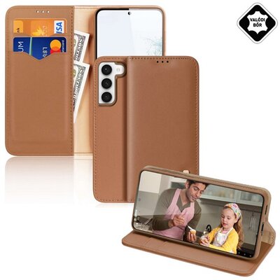 DUX DUCIS HIVO telefontok álló, valódi bőr (flip, oldalra nyíló, asztali tartó funkció, bankkártya tartó, RFID védelem), Barna [Samsung Galaxy S23+ Plus (SM-S916)]