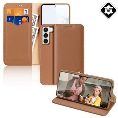 DUX DUCIS HIVO telefontok álló, valódi bőr (flip, oldalra nyíló, asztali tartó funkció, bankkártya tartó, RFID védelem), Barna [Samsung Galaxy S23 (SM-S911)]