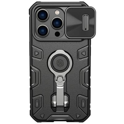 NILLKIN CAMSHIELD ARMOR PRO defender műanyag hátlapvédő telefontok (szilikon belső, közepesen ütésálló, telefontartó gyűrű), Fekete [Apple iPhone 14 Pro]