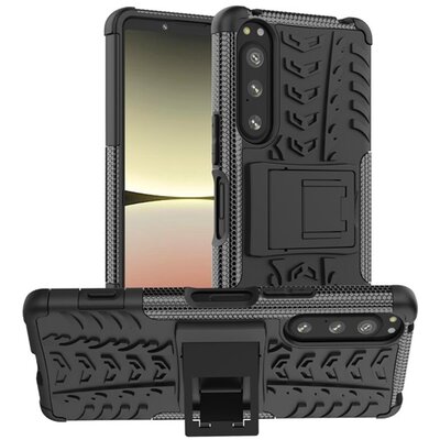 Defender műanyag telefonvédő (közepesen ütésálló, szilikon belső, kitámasztó, autógumi minta) FEKETE [Sony Xperia 5 IV (XQCQ54)]