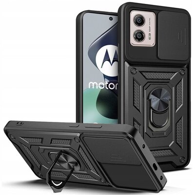 Defender műanyag telefonvédő (közepesen ütésálló, szilikon belső, telefontartó gyűrű, kamera védelem) FEKETE [Motorola Moto G53]