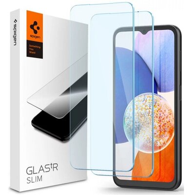 SPIGEN AGL05971 SPIGEN SLIM képernyővédő üveg 2db (2.5D, extra karcálló, tokbarát, ultravékony, 0.2mm, 9H) ÁTLÁTSZÓ [Samsung Galaxy A14 5G (SM-A146), Samsung Galaxy A14 4G (SM-A145)]