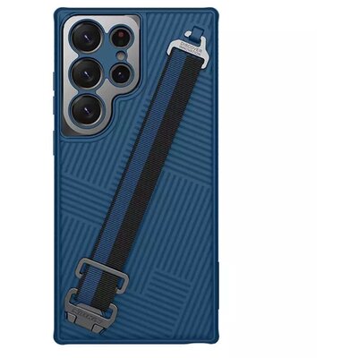 NILLKIN STRAP műanyag telefonvédő (közpesen ütésálló, fém kamera védelem + kézpánt, csíkos minta) SÖTÉTKÉK [Samsung Galaxy S23 Ultra (SM-S918)]