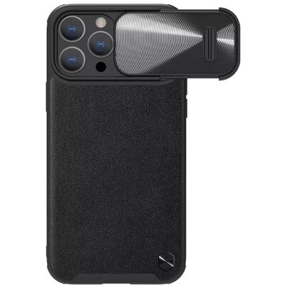 NILLKIN CAMSHIELD LEATHER műanyag telefonvédő (közepesen ütésálló, ECO bőr hatású hátlap, kamera védelem) FEKETE [Apple iPhone 14 Pro]