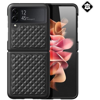 DUX DUCIS VENICE műanyag telefonvédő (valódi bőr hátlap, 3D rombusz minta, prémium) FEKETE [Samsung Galaxy Z Flip 4 (SM-F721)]