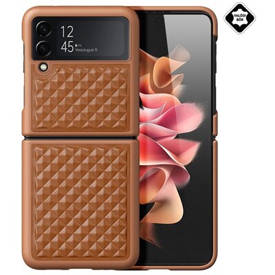 DUX DUCIS VENICE műanyag telefonvédő (valódi bőr hátlap, 3D rombusz minta, prémium) BARNA [Samsung Galaxy Z Flip 4 (SM-F721)]