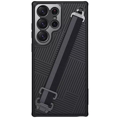 NILLKIN STRAP műanyag telefonvédő (közpesen ütésálló, fém kamera védelem + kézpánt, csíkos minta) FEKETE [Samsung Galaxy S23 Ultra (SM-S918)]