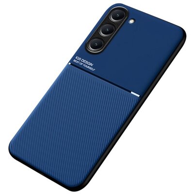 Műanyag telefonvédő (szilikon keret, közepesen ütésálló, beépített fémlemez, bőr hatású hátlap, csíkos minta) SÖTÉTKÉK [Samsung Galaxy S23 Plus (SM-S916)]