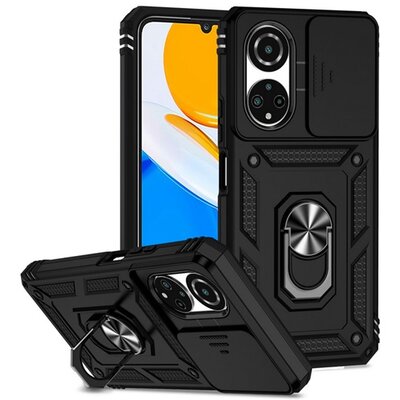 Defender műanyag telefonvédő (közepesen ütésálló, szilikon belső, telefontartó gyűrű, kamera védelem) FEKETE [Honor X7 (2022)]