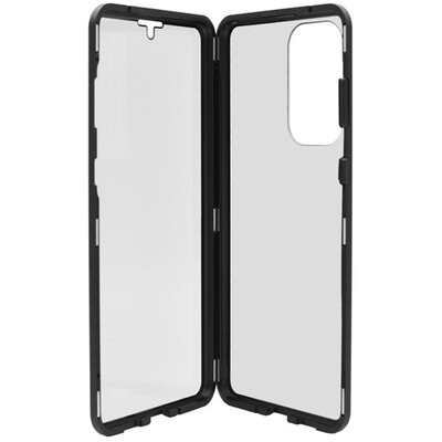 Alumínium telefonvédő (360°-os védelem, mágneses, közepesen ütésálló, edzett üveg előlap, hátlap, 9H) FEKETE [Samsung Galaxy A33 5G (SM-A336)]