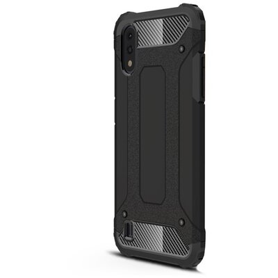 Defender műanyag telefonvédő (közepesen ütésálló, légpárnás sarok, szilikon belső, fémhatás) FEKETE [Samsung Galaxy A01 (SM-A015F)]