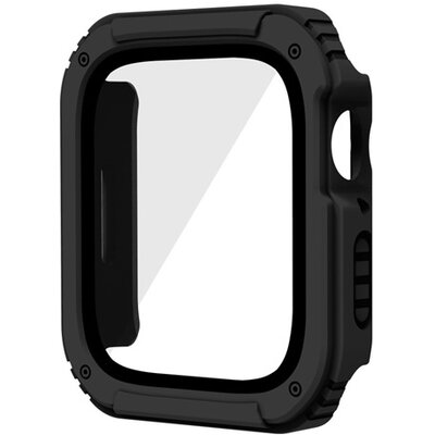 Műanyag keret (BUMPER, ütésálló + kijelzővédő üveg) FEKETE [Apple Watch Series SE 44mm]