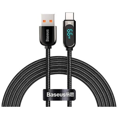 BASEUS CASX020101 BASEUS adatkábel és töltő (USB - Type-C, 66W, gyorstöltés támogatás, 200cm, LED kijelző, cipőfűző minta) FEKETE