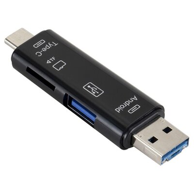 Adapter 5in1 (USB + microUSB + Type-C, microSD / pendrive olvasó, OTG) FEKETE
