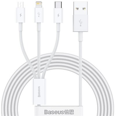 BASEUS CAMLTYS-02 BASEUS töltőkábel 3in1 (USB - lightning 8pin / microUSB / Type-C, nylon, 150cm) FEHÉR