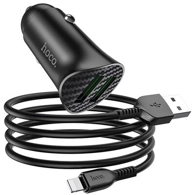 HOCO Z39_LIGHTNING_B HOCO Z39 autós töltő 2 USB aljzat (18W, QC 3.0, gyorstöltés támogatás + lightning 8pin kábel) FEKETE