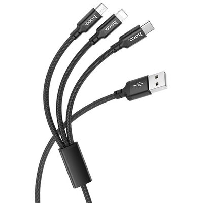 HOCO X14_3IN1_B HOCO X14 adatátviteli kábel és töltő (USB - lightning 8pin / Type-C / microUSB, gyorstöltés támogatás, 100cm) FEKETE