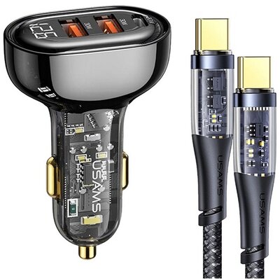 USAMS BXLACCTC01 USAMS autós töltő 2 USB aljzat / Type-C aljzat ( 5V / 3A, 80W, gyorstöltés támogatás + Type-C kábel) FEKETE