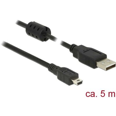Delock USB kábel USB 2.0 USB-A dugó, USB mini B dugó 5.00 m Fekete Ferritmaggal 84916
