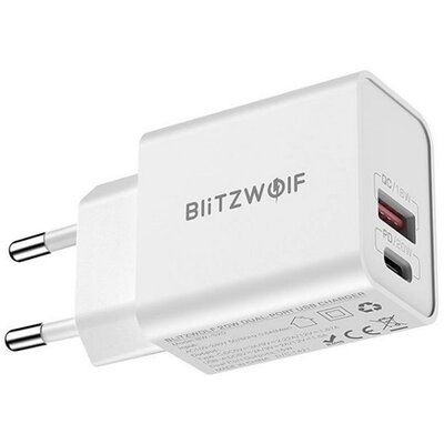 BLITZWOLF BW-S20 BLITZWOLF hálózati töltő USB / Type-C aljzat (5V / 3A, 15W, PD gyorstöltés támogatás, QC3.0) FEHÉR