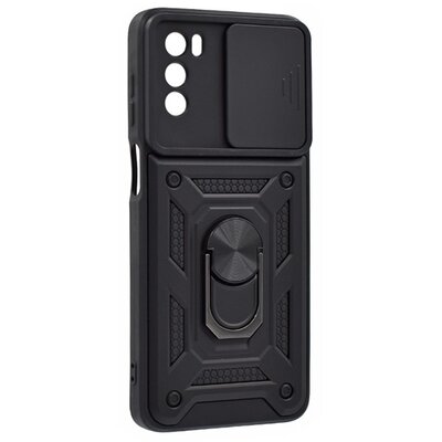 Defender műanyag telefonvédő (közepesen ütésálló, szilikon belső, telefontartó gyűrű, kamera védelem) FEKETE [Motorola Moto G42 (XT2233)]