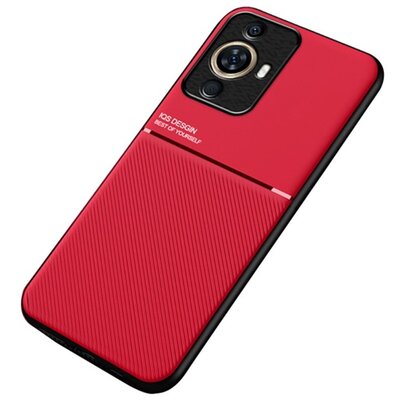 Műanyag telefonvédő (szilikon keret, közepesen ütésálló, beépített fémlemez, bőr hatású hátlap, csíkos minta) PIROS [Huawei Nova 11 Pro]