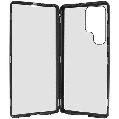 Alumínium telefonvédő (360°-os védelem, mágneses, közepesen ütésálló, edzett üveg előlap, hátlap, 9H) FEKETE [Samsung Galaxy S23 Ultra (SM-S918)]