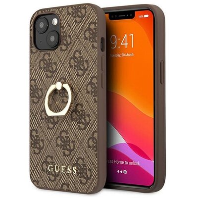 Eredeti tok GUESS for iPhone 13 MINI / brown + ring stand GUHCP13S4GMRBR