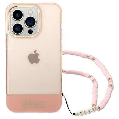 Eredeti tok GUESS GUHCP14XHGCOHP for iPhone 14 PRO MAX (IML Electro Cam w. Strap Translucent / pink)