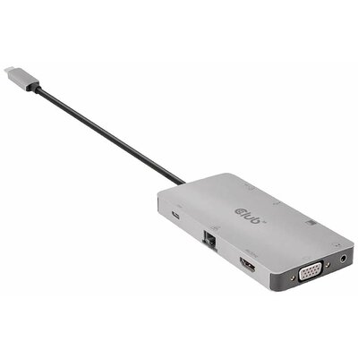 club3D CSV-1594 9 port USB 3.1 gen. 1 hub Beépített hálózati csatlakozóval, Beépített SD kártyaolvasóval, USB-C dugóval Ezüst