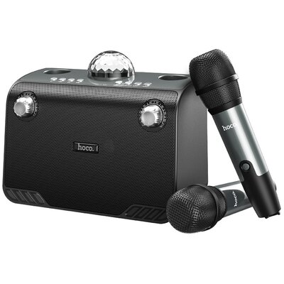 HOCO vezeték nélküli hangszóró BS41 Plus + 2 vezeték nélküli mikrofon + DISCO LIGHT fekete (+ FBT, TF, USB, AUX)
