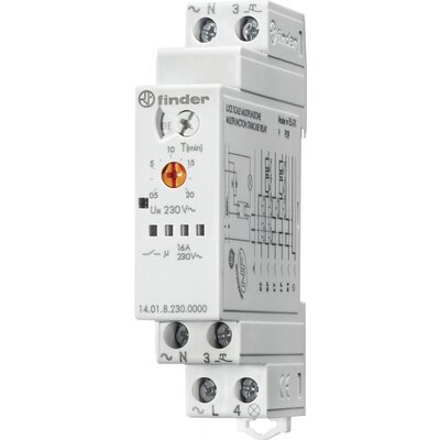 DIN sínes többfunkciós lépcsőházi világítás késleltető időkapcsolórelé, 6 funkciós, 230V/16A, Finder 14.01.8.230.0000