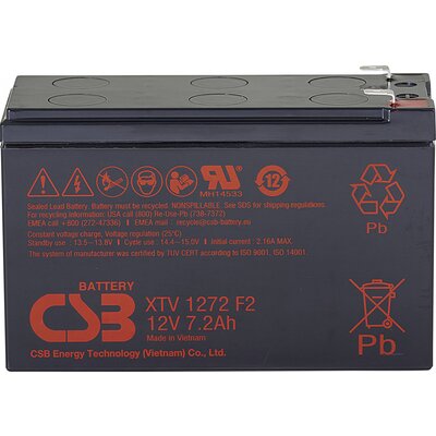 CSB Battery XTV1272 Ólomakku 12 V 7.2 Ah Ólom-vlies (AGM) (Sz x Ma x Mé) 151 x 99 x 65 mm 6,35 mm-es laposérintkezős dugó Karbantartásmentes, Kis önkisülés