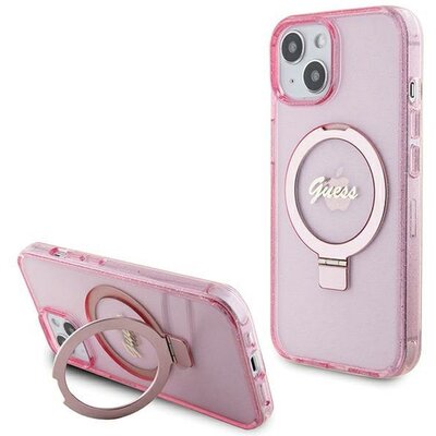 Eredeti tok GUESS GUHMP15SHRSGSP for iPhone 15 Plus (Magsafe / Glitter Script Logo / Ring stand / pink)