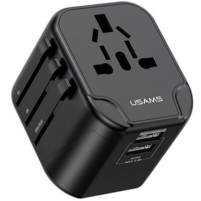 USAMS CC173TC01 USAMS T55 hálózati csatlakozó adapter 2 USB aljzat (5V / 2400mA, 12W, EU, UK, US, AU, földeletlen, utazótöltő) FEKETE