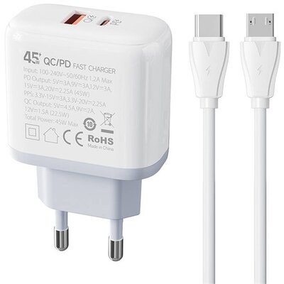 LDNIO A2526C MICRO LDNIO hálózati töltő Type-C / USB aljzat (5V / 3A, 45W, PD gyorstöltés támogatás + Type-C - microUSB kábel) FEHÉR