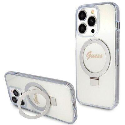 Eredeti tok GUESS GUHMP15XHRSGSD for iPhone 15 Pro Max (Magsafe / Glitter Script Logo / Ring stand / transparent)