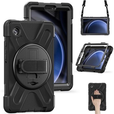 Defender műanyag telefonvédő (ütésállóság, kitámasztó, 360° + kézpánt, vállpánt) FEKETE [Samsung Galaxy Tab A9 LTE (SM-X115)]