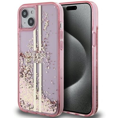 Eredeti tok GUESS GUHCP15SLFCSEGP for iPhone 15 (Liquid Glitter Gold Stripes / pink)