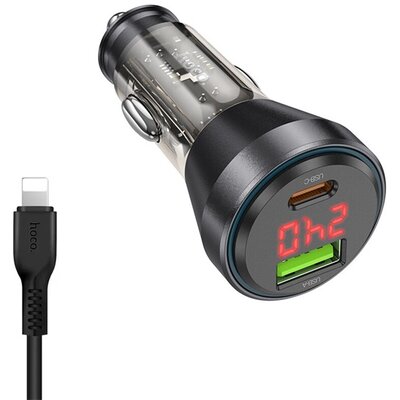 HOCO NZ12B BLACK LIGHTNING HOCO autós töltő USB+Type-C aljzat (48W, PD gyorstöltő, LED kijelző + lightning kábel) FEKETE