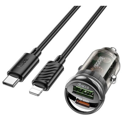HOCO Z53A_TYPE-C_LIGHTNING_B HOCO Z53A autós töltő USB+Type-C aljzat (5V/3A, 30W, PD gyorstöltő + Type-C - lightning kábel) FEKETE