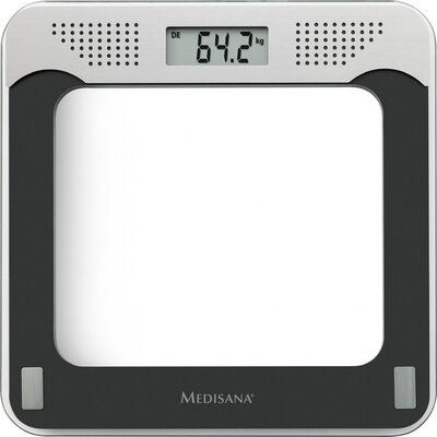Medisana PS 425 Digitális személymérleg Mérési tartomány (max.)=180 kg Fekete, Szürke, Üveg Beszéd kibocsátással